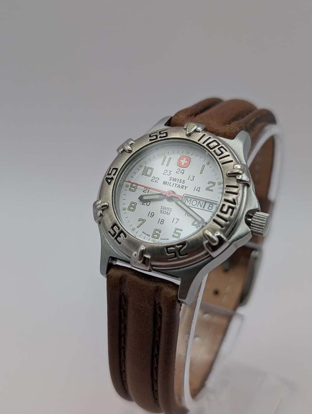 Vintage Swiss Military Hanowa Field Watch, White Dial & Day-Date, Brown Leather